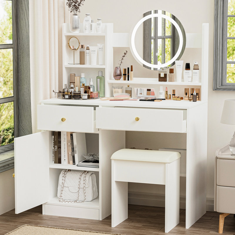 Artemas Bedroom Vanity Table With Lights And Mirror, 3 Color Settings, Spacious Storage White Makeup Mirror Lights, Construction, For Beauty