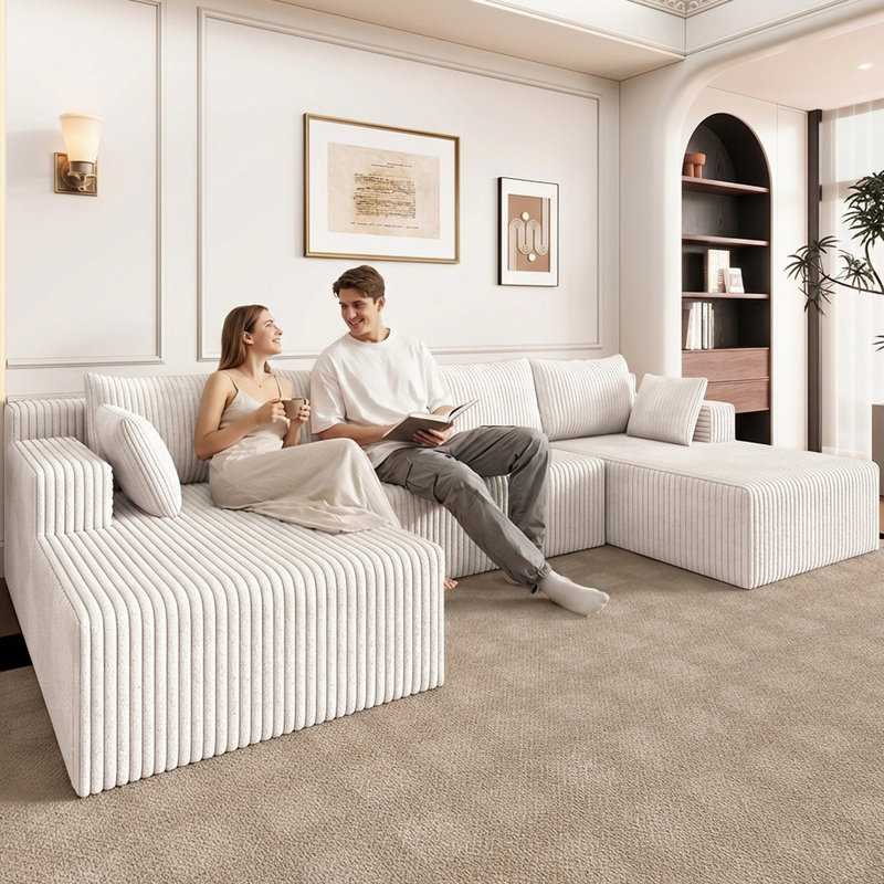 124" Cloud Sectional Couch,Modern U-Shaped Boneless Couch with Deep Seat,Comfy Corduroy 4-Seater Sofa,Memory Foam Sofa for Living Room,No Assembly Required