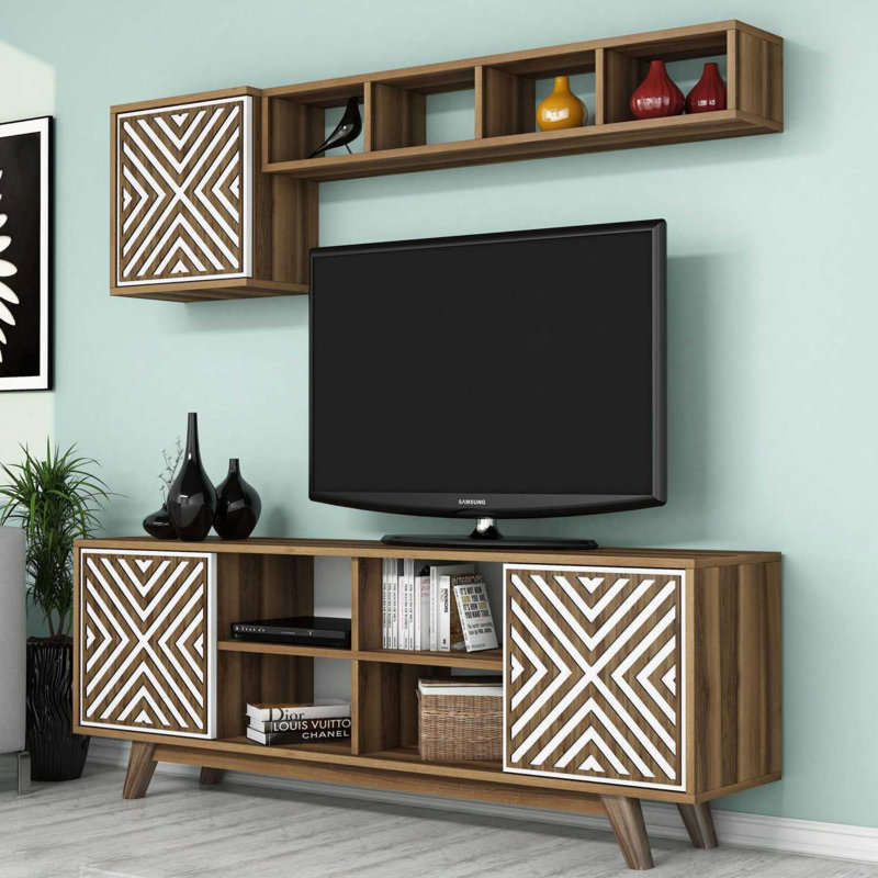 Modern TV Unit with Wall Shelf & Cabinet, Walnut & White, 63.0 x 22.1 x 13.8 inches | 100% Melamine Coated Particle Board, Thickness: 0.7 inches | Numerous Shelves, Wall-Mounted, Stylish Geometric Design