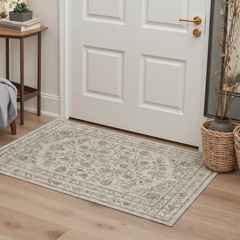 Tapis beige vintage à motif floral vieilli, lavable à la machine, antidérapant, idéal pour le salon ou la chambre.