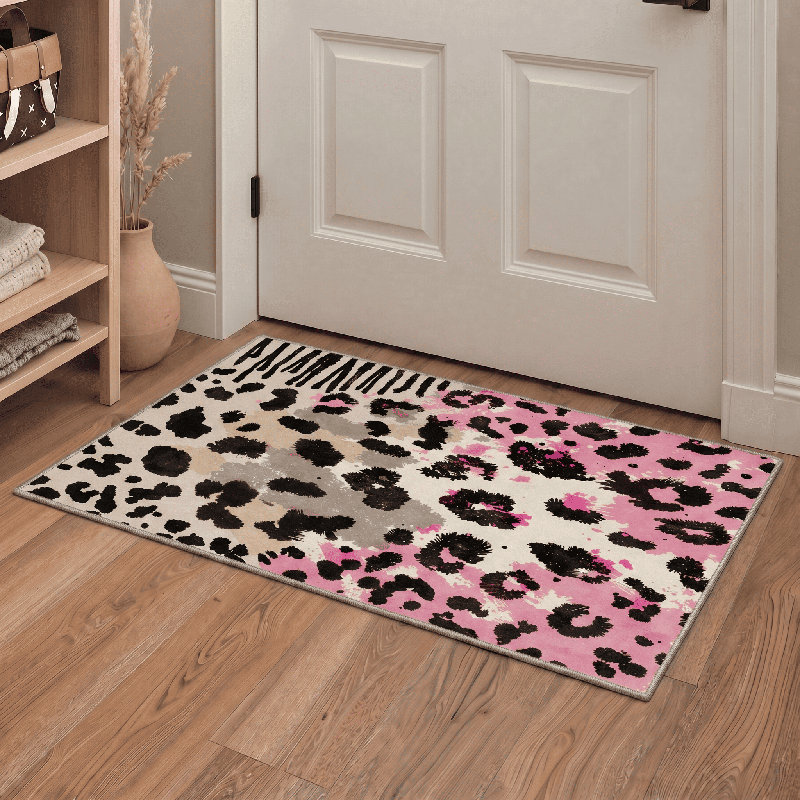 Verona Animal Leopard Print Machine Washable Pink / Beige / Black / Gray Indoor Area Rug with Non-Slip Backing, Round 5'