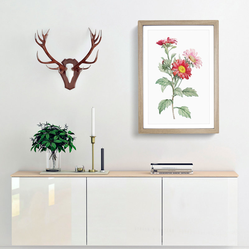 Red Aster Flowers by Pierre-Joseph Redoute - Picture Frame Painting Print, 36cm H x 27cm W x 2cm D, Oak Framed