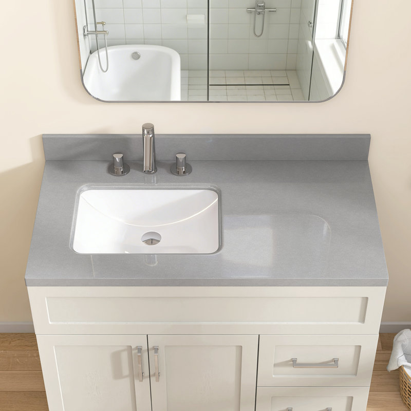 Comptoir de meuble-lavabo en pierre grise l 48 po x P 22 po avec lavabo latéral gauche et configuration de robinet à 3 trous espacés de 8 po