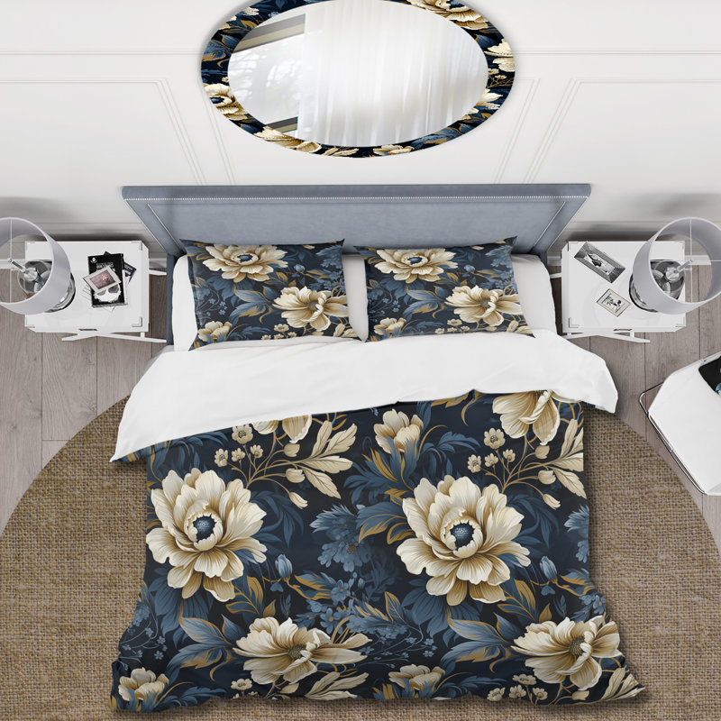 Ensemble de housse de couette à motif floral de pivoines bleues, Housse de couette pour grand lit et 2 taies décor