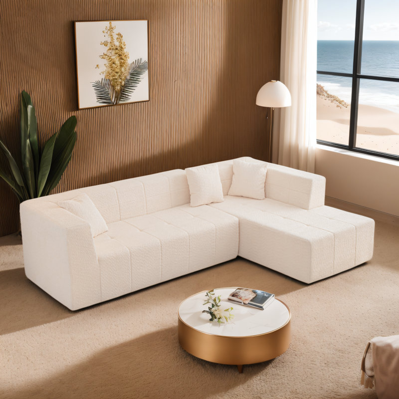 Canapé convertible en L confortable avec méridienne, Polyester beige