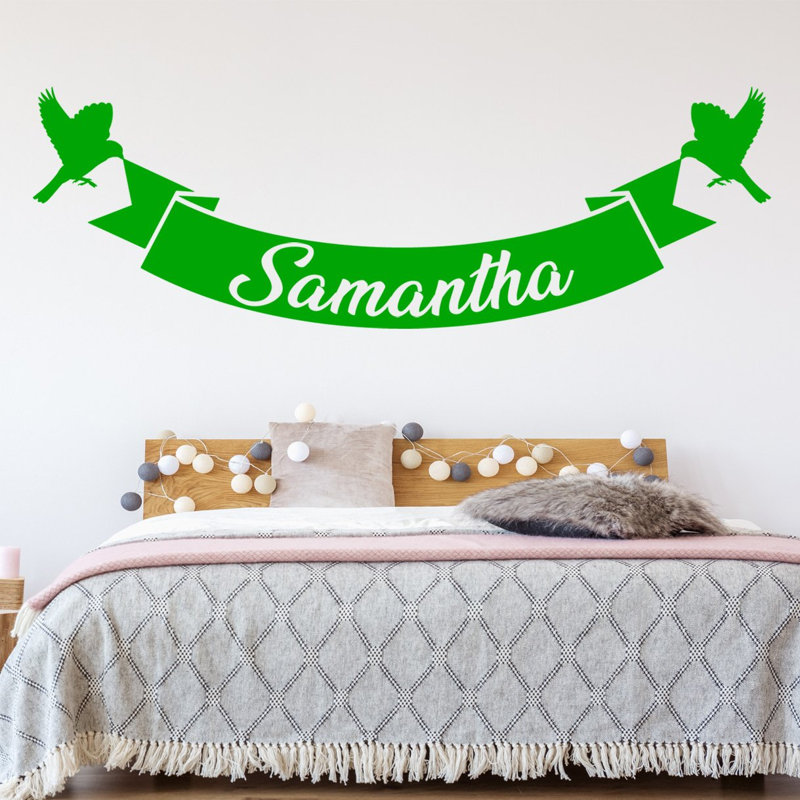 Décalcomanie murale nom et oiseaux personnalisés, H 10 po x l 30 po, Vert, Oui