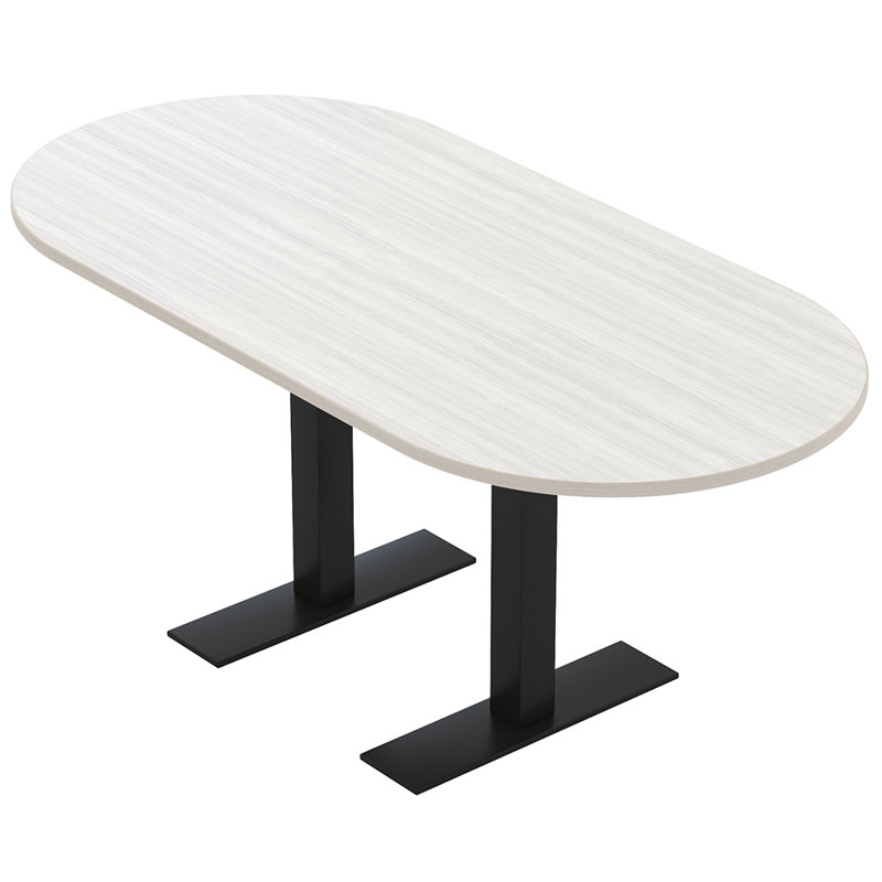 Table de conférence en forme de piste de course avec base en T en métal, L 72 po x l 36 po, Cyprès blanc, Noir mat