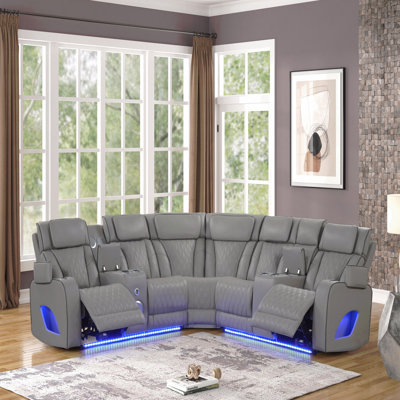 Modern Power Reclining Sectional Sofa - LED Light, Bluetooth, Wood/Metal Frame, Massage