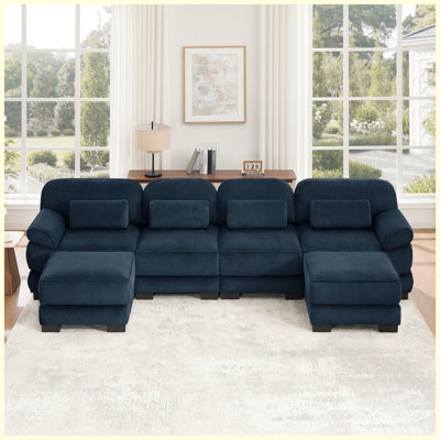 Canapé modulaire en U de 152,7 po à 4 places avec 2 repose-pieds, coussins épais, velours côtelé respirant, bleu