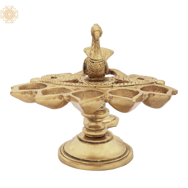 5-Inch Handcrafted Brass Peacock Oil Lamp with Five Wicks, Indian Diya for Altar & Tabletop Decor