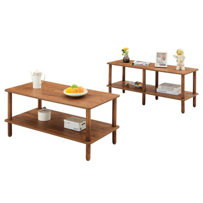 2 Rectangular Living Room Furniture Table, Open Shelf, And Solid Wood, Walnut, Functional Feature Walnut Finish, Stable Practical Use