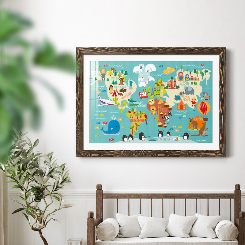 Carte du monde des enfants - impression encadrée, H 20 po x l 17 po x P 1,5 po, Cadre noyer