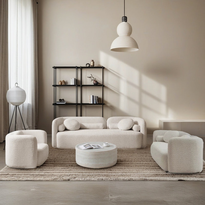 Modern Upholstered Boucle 3-piece Sofa Set, 6-seater With Accent Chair, 3 Pieces: Sofa, Loveseat, Accent chair, Beige