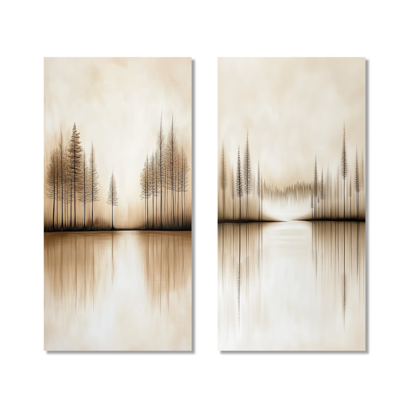 Forêt d'automne réfléchie sur un lac calme I - Nature noire, ensemble d'art mural en métal 2 impressions, 32" H x 32" W