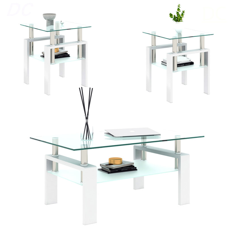 Ensemble de 2, table basse moderne en verre trempé, table de bout, table carrée pour le salon, transparent / blanc, table