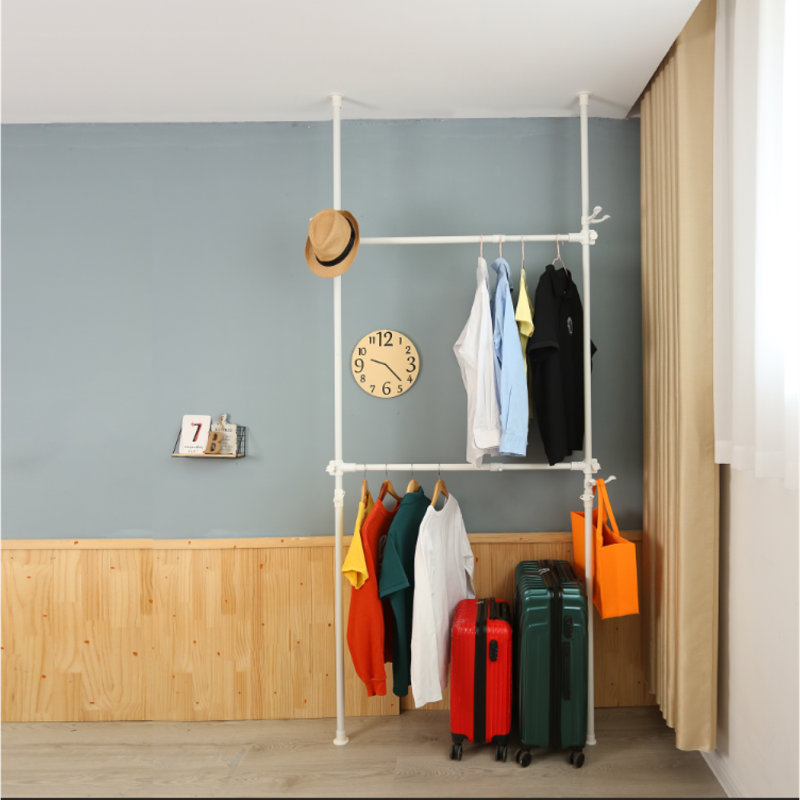 Telescopic Garment Rack, Heavy Duty Design Movable DIY By Hand No Damage To Wall Ceiling Hanging Rail, 31-47In Wide Adjustable, 120 Kilogram Loading, Reach Hook Included