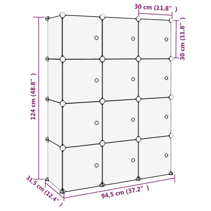 12 Pair Shoe Storage Box, Black/Clear, 124cm H x 94.5cm W x 31.5cm D