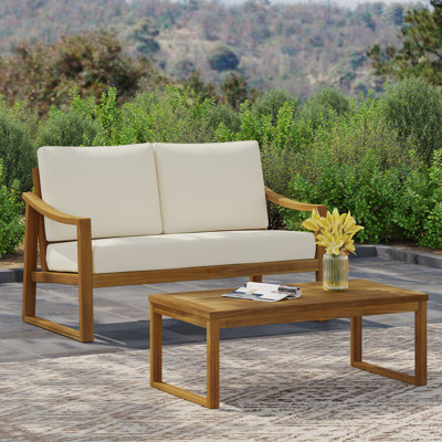 Roomfitters Outdoor Loveseat and Coffee Table Set, Patio Furniture Seating Set, Modern Wood Design, Teak