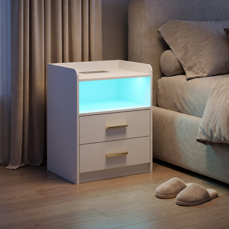Table de chevet contemporaine sans fil avec capteur de mouvement, ports USB-C et USB, 2 tiroirs avec glissières silencieuses, table de chevet contemporaine