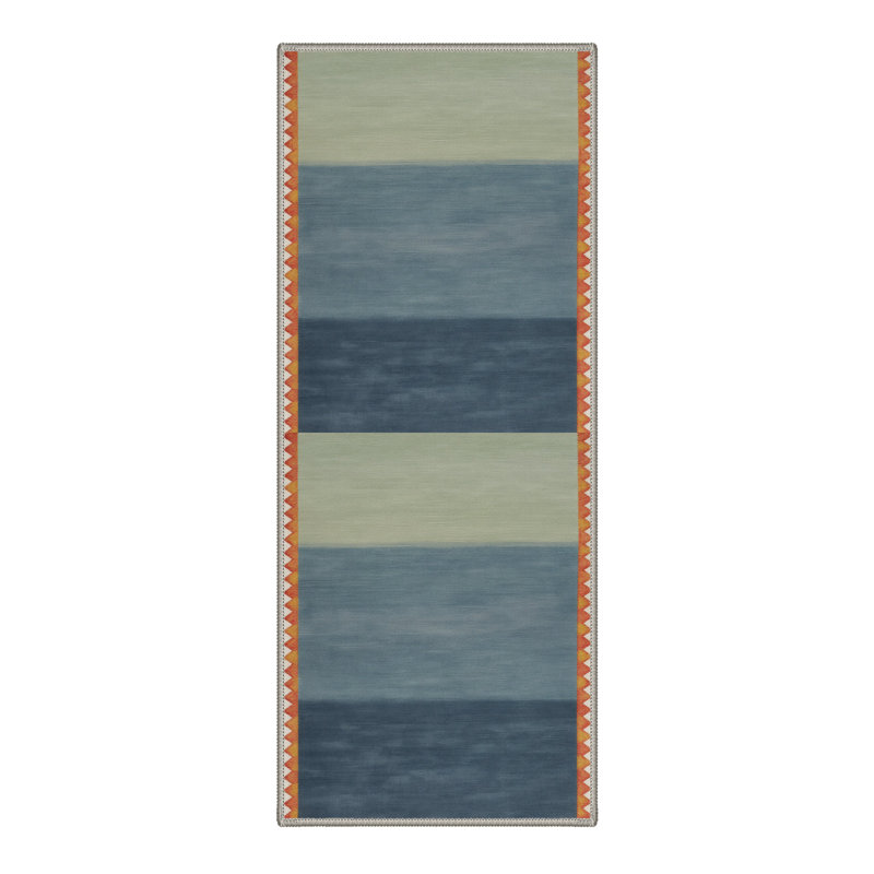Tapis intérieur bleu / vert lavable à la machine Marine avec envers antidérapant, Runner 2' x 7'