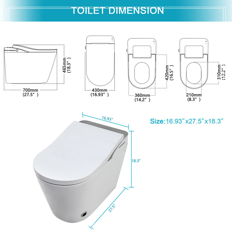 Toilette intelligente avec bidet intégré, ouverture et fermeture automatiques, siège chauffant allongé, capteur de pied encastré, affichage DEL, lavage à l'eau chaude, sécheuse, veilleuse