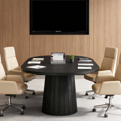 55" Oval Conference Meeting Table With Wood Base For 6 People