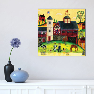 «Red Barn Farmyard Folk Art» par Cheryl Bartley, reproduction d'art graphique sur toile tendue
