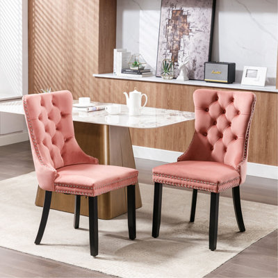 Nikki Collection Modern, High-End Tufted Solid Wood Contemporary Velvet Upholstered Dining Chair With Wood Legs Nailhead Trim 2-Pcs Set