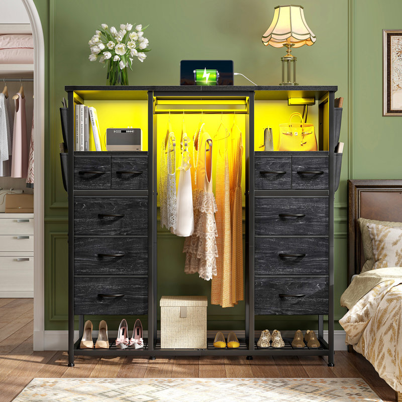 51.2" Wide Dresser With 10 Drawers, Built-in Clothing Rack, Usb Charging Station & Led Shoe Storage, Black