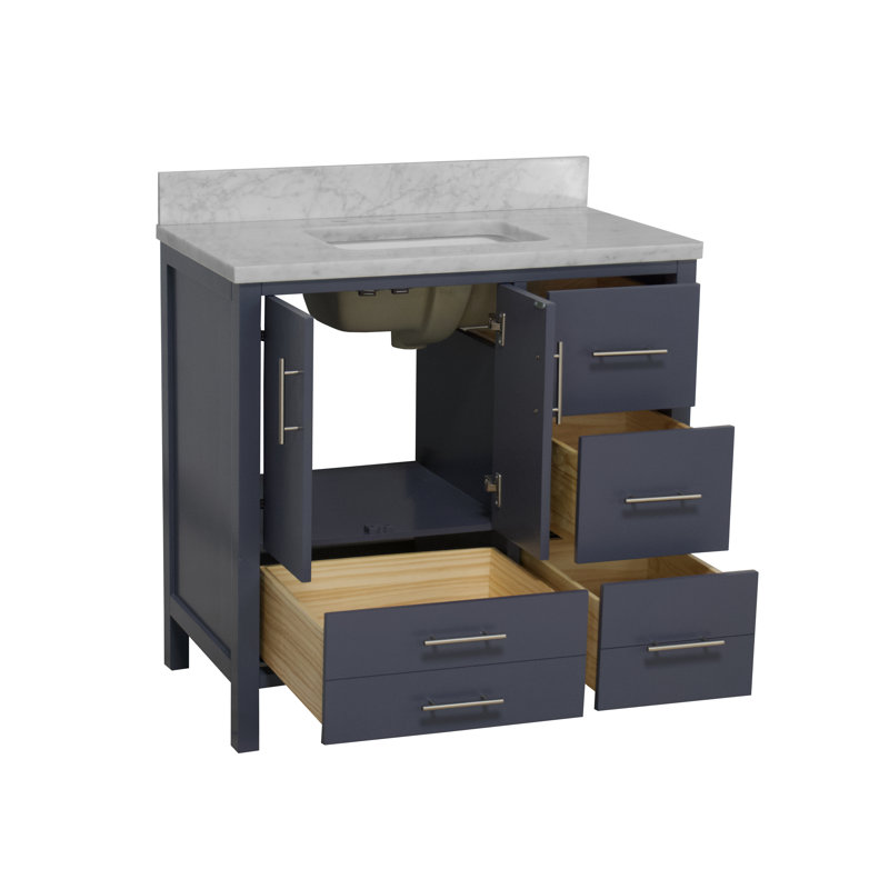 Ensemble de meuble-lavabo simple 36 po Kiara, Gris marine, Marbre de Carrare
