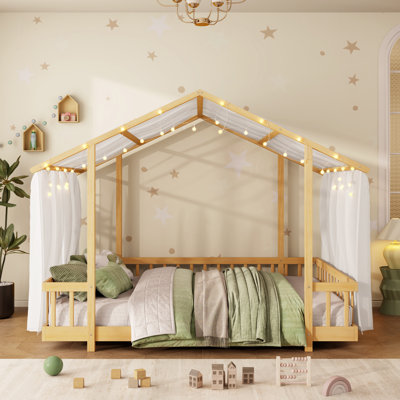 Full Size Canopy Platform Bed with Sheer Fabric Canopy and String Lights, Natural