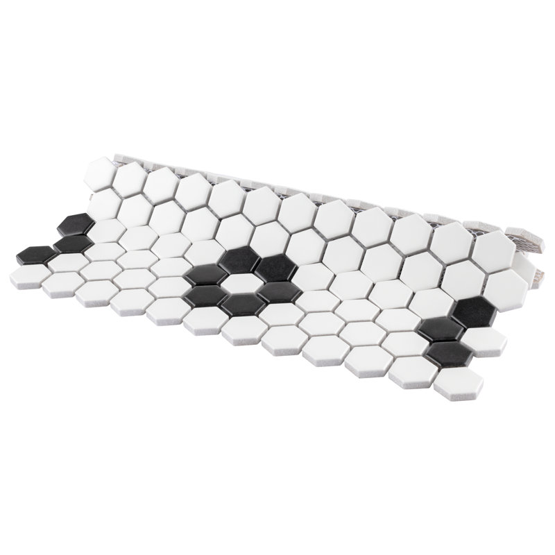 Metro 0.9" x 0.9" Hex Porcelain Honeycomb Mosaic Wall & Floor Tile, White/Black