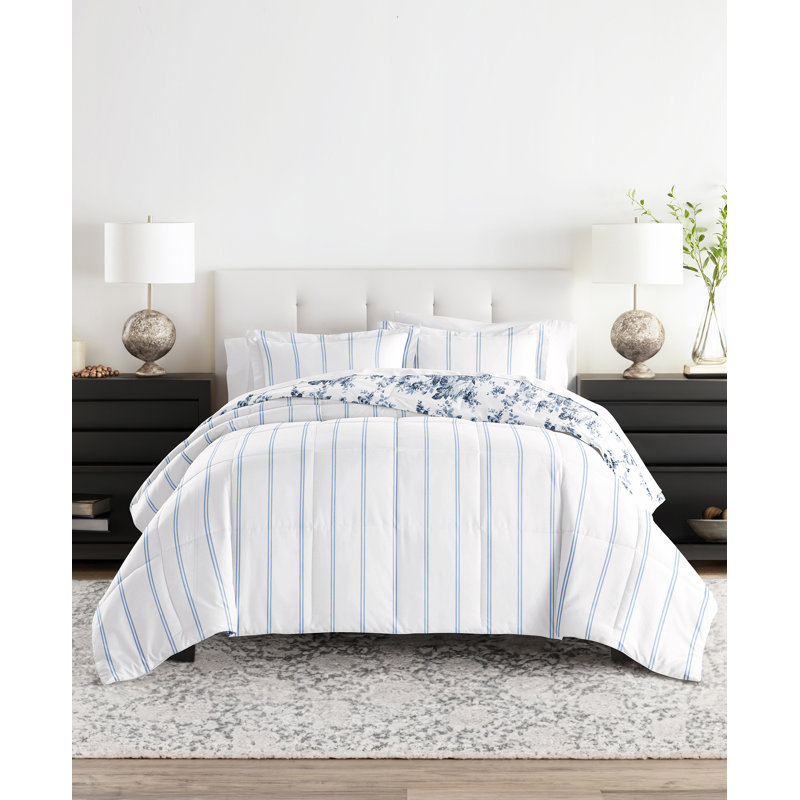 Blue Floral Reversible Down Alternative Comforter Set, Full