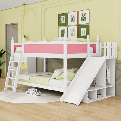 Lit superposé double en bois avec tablettes, glissières et garde-corps