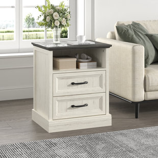 Farmhouse Nightstand With 2 Drawers, Wooden Bedside End Table Small Dresser For Bedroom, Living Room