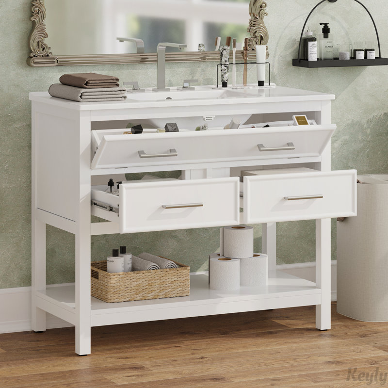 Meuble-lavabo 36 po avec lavabo en céramique, plateau basculant et 2 tiroirs pleine extension, Blanc