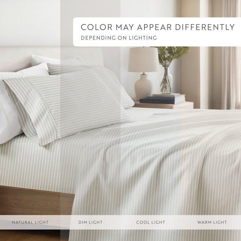 4 Piece Delicate Details Pattern Sheet Set, Queen Sheet Set with 2 Standard Pillowcase, Light Gray Striped