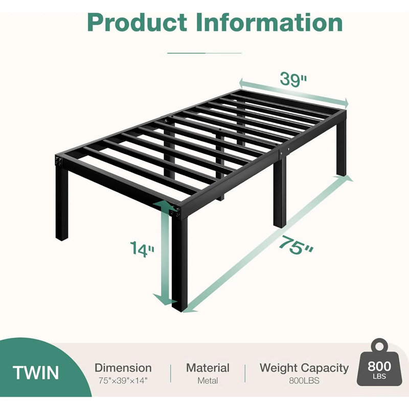 Loronda Size Metal Platform Bed with Sturdy Steel Frame, 14 Inches High Under-Bed Storage, Quick Assembly, Black, Twin