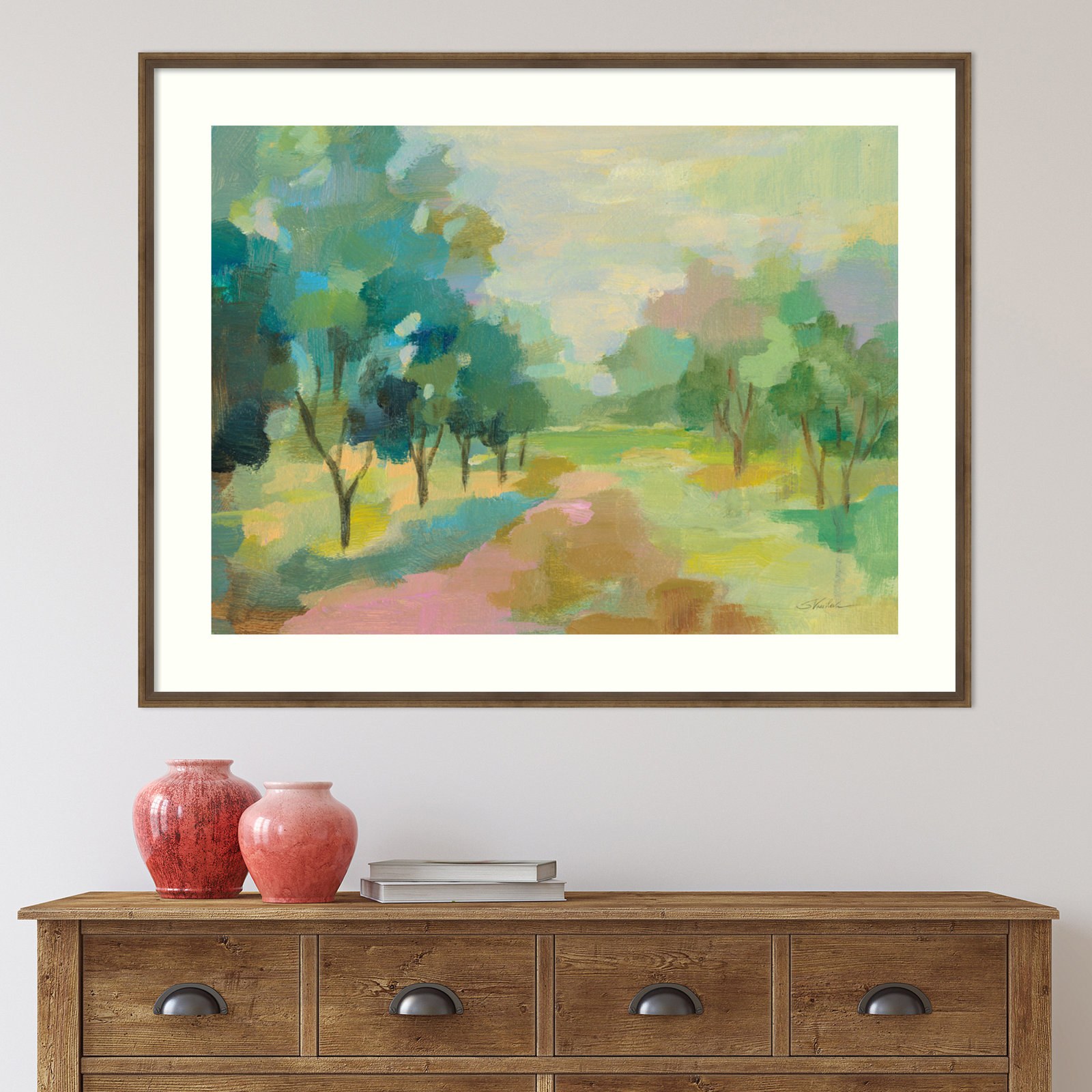 Sunrise Forest by Silvia Vassileva, 33" H x 42" W, Light Bronze Framed Paper