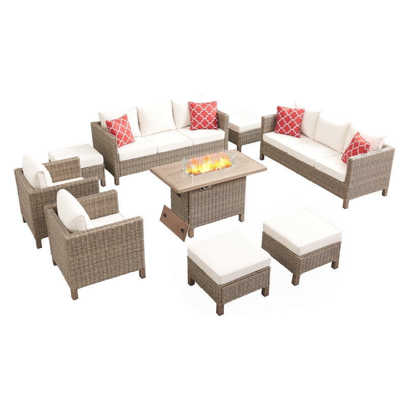 9 Piece Patio Outdoor Conversation Set With Fire Pit Table, Beige