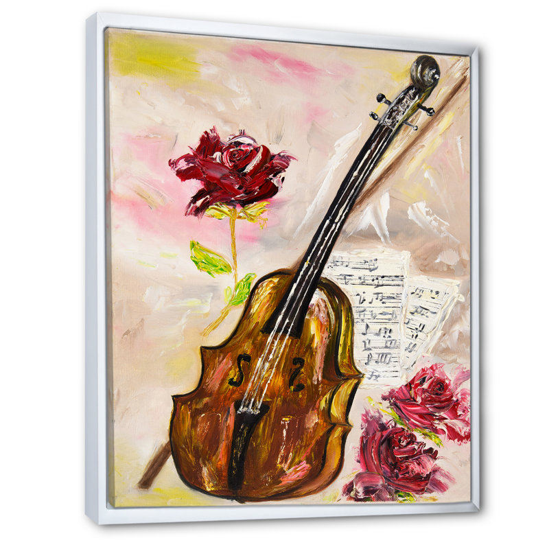 Violon et roses - sur, H 12 po x l 8 po x P 1 po, Toile encadrée flottée blanche