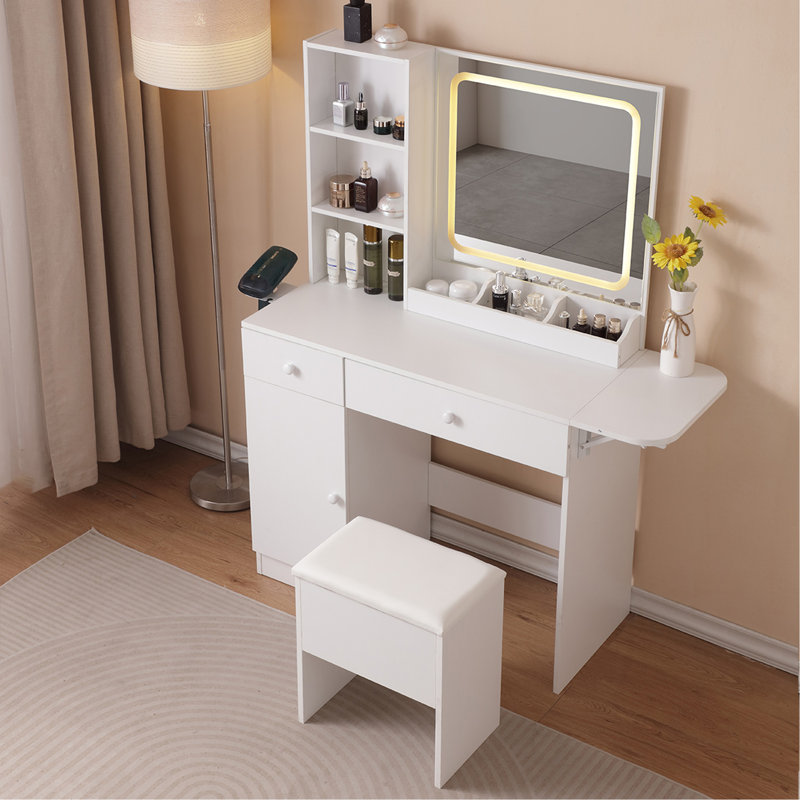 Bureau de coiffeuse avec miroir lumineux et prise de courant, bureau de maquillage avec tiroirs et grande armoire de rangement pour la chambre à coucher, 3 modes d'éclairage à luminosité réglable, tabouret de rangement, blanc