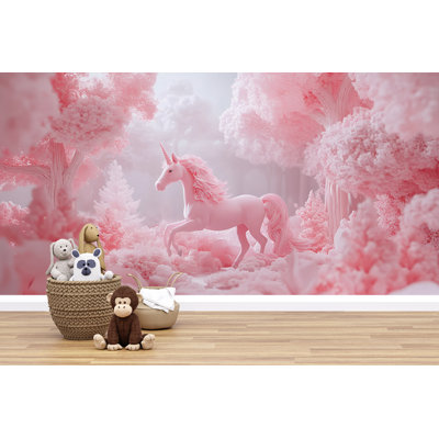 Unicorn Forest Wallpaper - Magical Fantasy Mural For Bedroom, Soft Pastel Wall Art With Cotton Candy Trees And Cute Mythical Creature