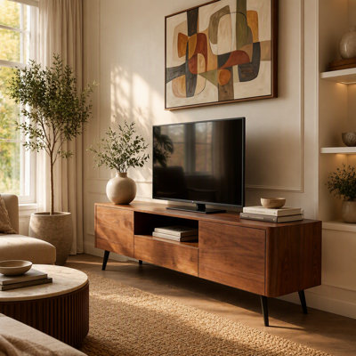 70.8-inch walnut TV stand, suitable for televisions up to 85 inches, featuring enclosed storage and cable management, soft-close hinges and iron legs, ideal for the living room RR