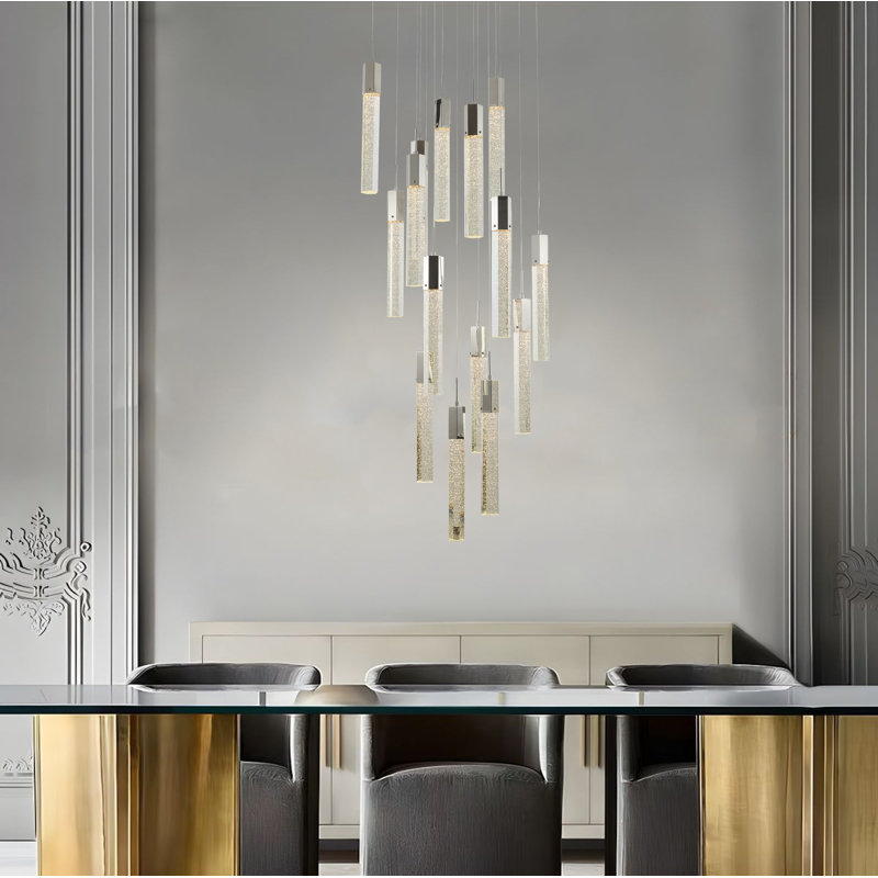 Lustre moderne en chrome avec verre suspendu 15 lumières, Chrome