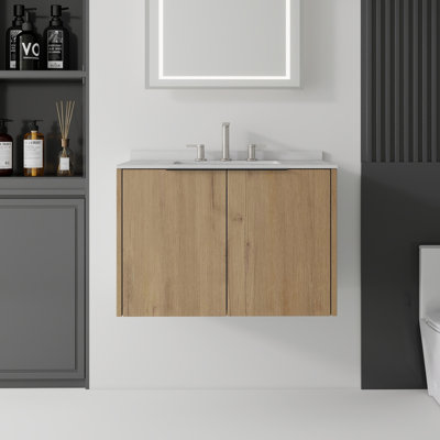 Meuble-lavabo flottant 30 po avec lavabo, porte à fermeture en douceur, comptoir en granite blanc 0,6 po et dosseret, contreplaqué, chêne