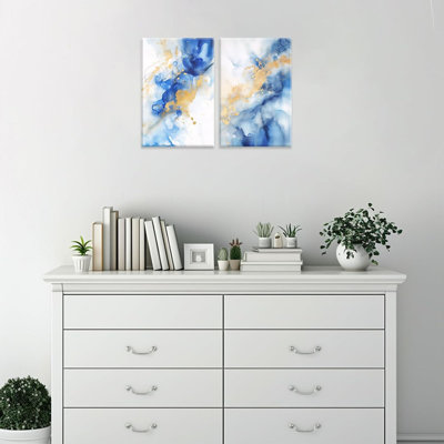 2 pièces bleu marine or éclaboussures d'art sur toile abstraite, veine de marbre, grande œuvre d'art abstraite pour décoration intérieure contemporaine (Art-3,16 x 24 pouces x 2 pièces)