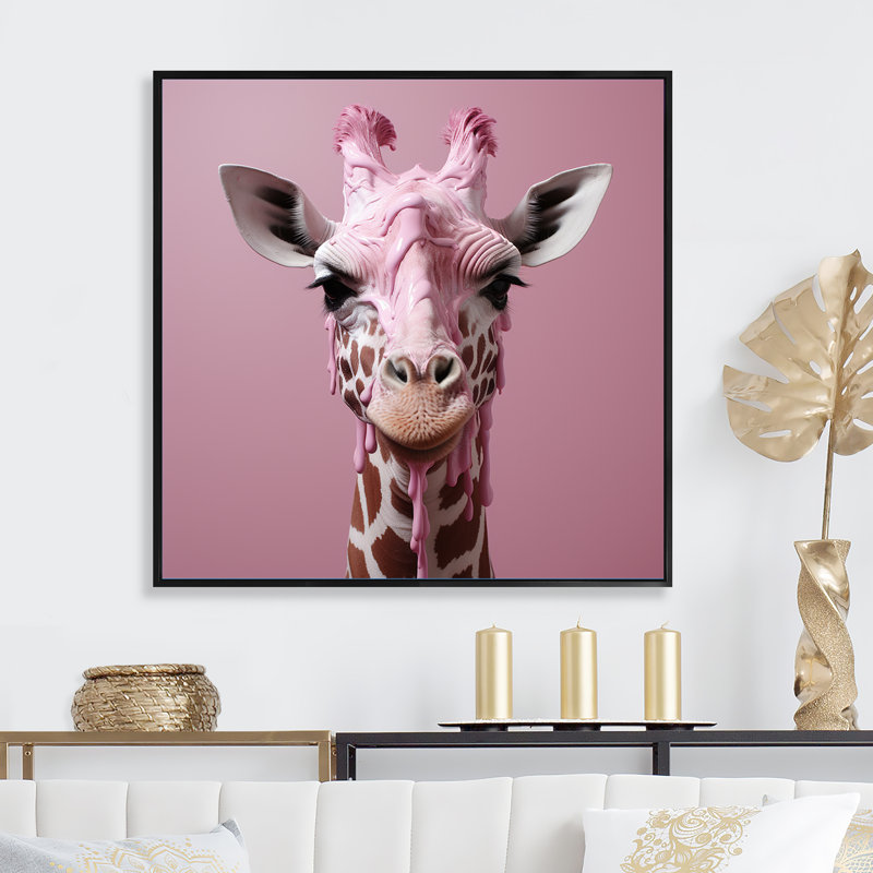 Girafe rose, position romantique sur toile, Cadre flottant noir, H 36 po x l 36 po x P 1,5 po