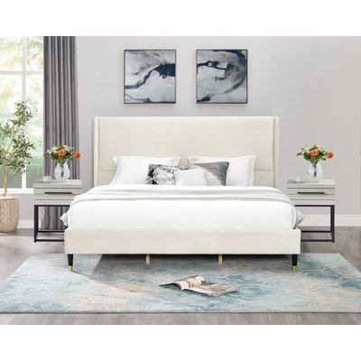 Yordanov 3-Piece Upholstered Bedroom Set, Wingback Platform Bed With Two Nightstands by Ebern Designs