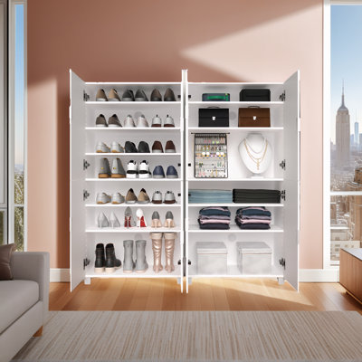 Large Shoe Storage Cabinet with Mirror & 4 Doors, 24.8"W x 13.2"D x 50"H